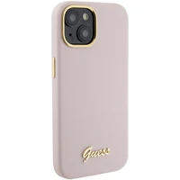 Guess Silikona Script Metal Logo & Frame Viedtālruņa apvalks iPhone 15 - rozā