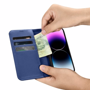 iCarer Maki apvalks 2in1 vāks iPhone 14 Pro Max Anti-RFID ādas atverams apvalks zils (WMI14220728-BU)