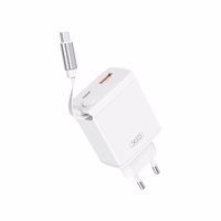 XO wall lādētājs CE31 1x USB 1x USB-C 30W balts with retractable USB-C kabelis
