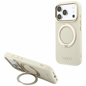 Guess Grained Classic Logo vāciņš modelim iPhone 18 Pro / 17 Pro, ar 360° gredzenu-statīvu, saderīgs ar MagSafe – bēšs