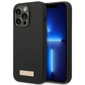Guess GUHMP14XSBPLK iPhone 14 Pro Max 6.7" melns/melns cietais apvalks Silikona logotipa plāksne Magnētiskais