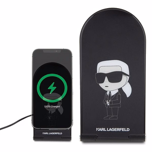 Karl Lagerfeld Ikonik MagSafe 15W indukcijas lādētājs, salokāms 2in1 - melns
