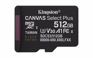 Kingston Technology 512GB microSDXC Canvas Select Plus Gen3 150MB/s A1 karte + adapteris