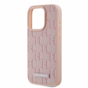 Karl Lagerfeld ādas monogrammas metāla logotips viedtālruņa apvalks iPhone 15 Pro Max - rozā