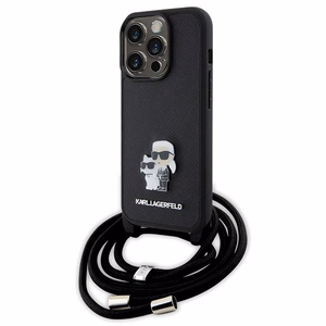 Karl Lagerfeld krustveida Saffiano metāla piespraude Karl & Choupette viedtālruņa apvalks iPhone 15 Pro - melns