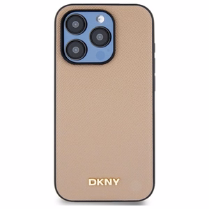 DKNY Grained Metal Logo Magnētiskais iPhone 15 Pro viedtālruņa apvalks - bēšs