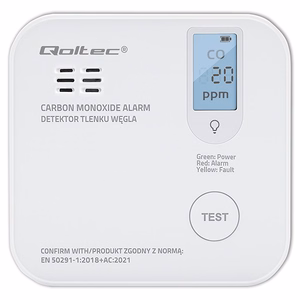 Qoltec 52577 Bezvadu oglekļa monoksīda (CO) sensors ar bateriju | sensora kalpošanas laiks 10 gadi | trauksme 85dB | LED