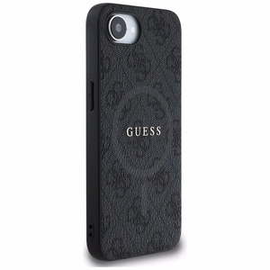 Guess PU ādas 4G krāsains gredzena apvalks ar MagSafe iPhone 16e - melns