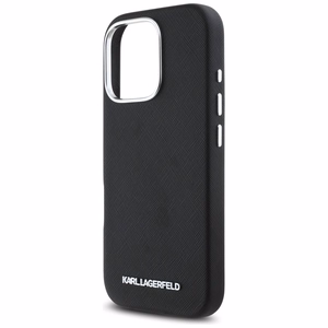 Karl Lagerfeld Saffiano Full Wrapped Elongated Metal Logo MagSafe iPhone 16 Pro Case - Black