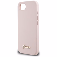 Guess Silicone Script Metal Logo MagSafe viedtālruņa apvalks iPhone 16e - rozā