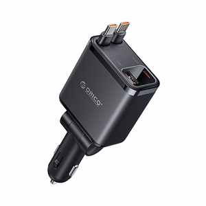 Orico Twin Reach 45W USB-A + USB-C auto lādētājs ar diviem izvelkamiem USB-C kabeļiem - melns