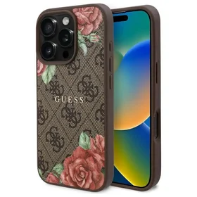 Guess GUHMP16LP4ROPEMCW iPhone 16 Pro 6.3" brūns/brūns cietais apvalks 4G Ziedu Druka Magnētiskais