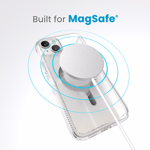 Speck GemShell Grip MagSafe vāciņš ierīcei iPhone 15 Plus / 14 Plus, caurspīdīgs ar hroma krāsas akcentiem