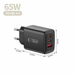 Tech-Protect NCA65W-GAN 3 portu 65 W sienas lādētājs - melns