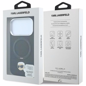 Melns MagSafe vāciņš Karl Lagerfeld ar 360° gredzena statīvu un Karla galvas emblēmu iPhone 18 Pro Max / 17 Pro Max