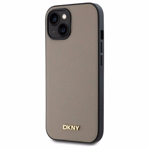 DKNY Grained Metal Logo Magnētiskais iPhone 15 viedtālruņa apvalks - bēšs