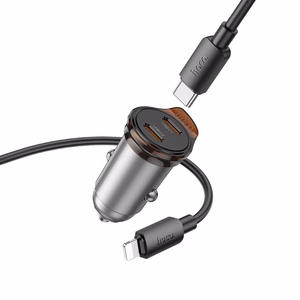 Automobiļa lādētājs Hoco 2 x USB C QC PD 45W + kabelis USB C uz Lightning NZ16B metāla pelēks