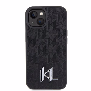Karl Lagerfeld KLHCP15SPKLPKLK iPhone 15 / 14 / 13 6.1" melns/melns cietais apvalks Ādas monogramma karstais štancējums metāla logotips