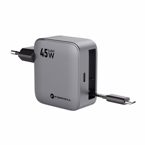 FORCELL F-ENERGY GaN III VT-R5 ceļojumu lādētājs ar izvelkamu kabeli Type C un Type C uzlādes portu PD QC4.0 3A 45W pelēks