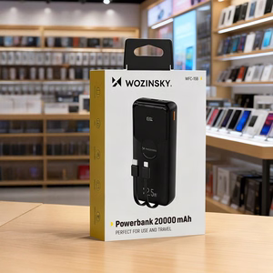 Wozinsky WFC-15B 20000mAh 22.5W ārējais akumulators, PD20W, iebūvēti Lightning un USB-C kabeļi, melns
