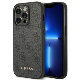 GUESS apvalks IPHONE 14 Pro Max GUHCP14XG4GFGR (4G zelta logotips) pelēks
