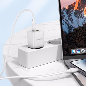 Borofone Sienas lādētājs BN14 Royal GaN - USB + Type C - QC 3.0 PD 30W ar Type C uz Lightning kabeli balts