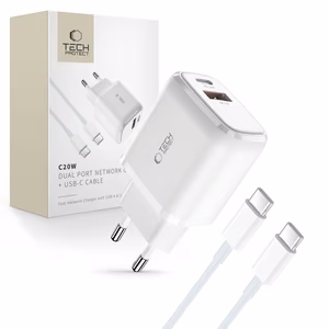 Tech-Protect C20W USB-C PD 20W / USB-A QC 3.0 charger with USB-C / USB-C cable - white