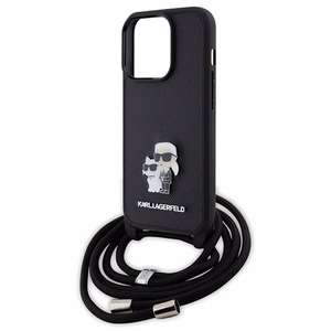 Karl Lagerfeld krustveida Saffiano metāla piespraude Karl & Choupette viedtālruņa apvalks iPhone 15 Pro - melns