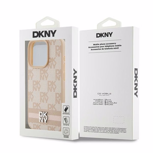 DKNY Ādas rūtainais mono raksts un drukātās svītras viedtālruņa apvalks iPhone 15 Pro - rozā