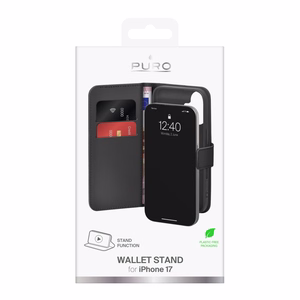 Puro Wallet Stand case for iPhone 17 made of eco-leather, with a flap, wallet and stand function - black