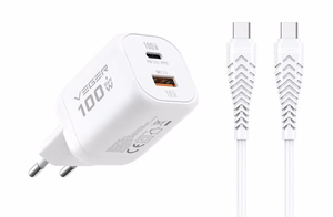 Tālruņa lādētājs VEGER USB A + Type C PD Super Charge PPS 100W + datu kabelis Type C uz C 240W TR150 balts