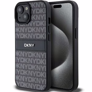 DKNY Ādas mono svītra un metāla logotips viedtālruņa apvalks iPhone 15/14/13 - melns