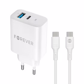 Forever TC-07-30AC PD QC lādētājs 1x USB-C 1x USB 30W balts + USB-C - USB-C kabelis 60W