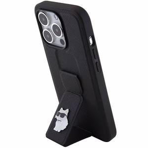 Karl Lagerfeld Gripstand Saffiano Choupette Pins viedtālruņa apvalks iPhone 15 Pro Max - melns