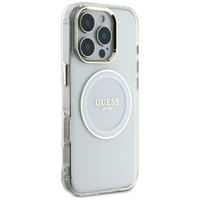 Guess IML Metal Colored Circle Classic Logo Magnētiskais viedtālruņa apvalks iPhone 16 Pro Max - balts