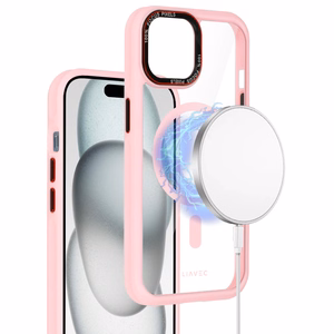 Liavec Hibrīda magnētiskais caurspīdīgs viedtālruņa apvalks iPhone 15 gaiši rozā