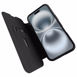 Puro Book Mag magnētiskais ādas viedtālruņa apvalks ar atloku un kartes nodalījumu iPhone 16 - melns