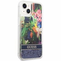 Guess GUHCP14MLFLSB iPhone 14 Plus 6.7 "zils/zils cietais apvalks Flower Liquid Glitter