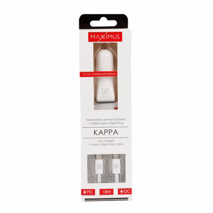 Auto lādētājs MX KAPPA 18W PD+QC, USB-A+C + Type-C/Lightning kabelis 20W PD balts