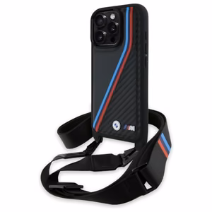 BMW M Edition oglekļa trīskrāsu līnijas un siksna viedtālruņa apvalks iPhone 16 Pro Max - melns
