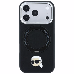 Melns MagSafe vāciņš Karl Lagerfeld ar 360° gredzena statīvu un Karla galvas emblēmu iPhone 18 Pro Max / 17 Pro Max