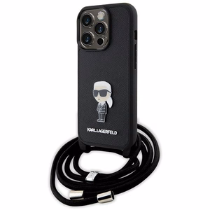 Karl Lagerfeld krustveida Saffiano monogramma metāla piespraude Karl & Choupette viedtālruņa apvalks iPhone 15 Pro - melns
