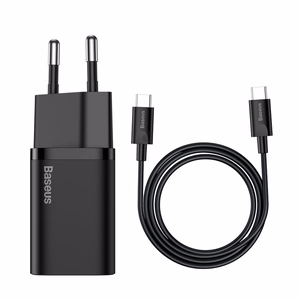 Baseus Super Si ātrās uzlādes lādētājs Quick Charge 3.0 Power Delivery 25W 3A + kabelis USB Type C - USB Type C 3A 1m melns