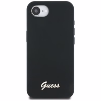 Guess Silicone Script Metal Logo MagSafe viedtālruņa apvalks iPhone 16e - melna