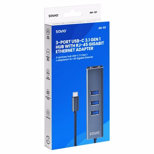 Savio AK-57 USB-C – 3x USB-A centrmezgls ar RJ-45 gigabitu Ethernet adapteri, 5000 Mbit/s, pelēks