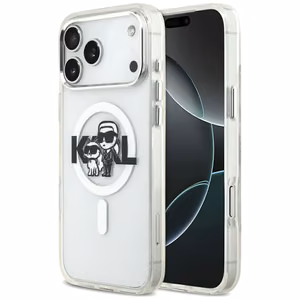 Karl Lagerfeld IML mirdzošais Karl & Choupette skices logotipa magnētiskais viedtālruņa apvalks iPhone 17 Pro Max - caurspīdīgs