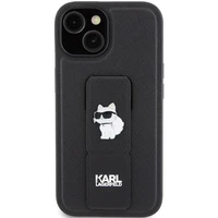 Karl Lagerfeld Gripstand Saffiano Choupette Pins viedtālruņa apvalks iPhone 15 - melns