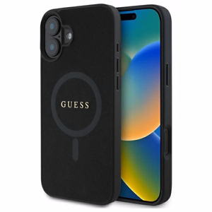 Guess Saffiano Classic Logo Magnētiskais viedtālruņa apvalks iPhone 16 - melns