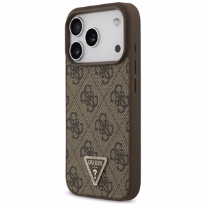 Guess Leather 4G Triangle Strass MagSafe vāciņš iPhone 18 Pro / 17 Pro – brūns