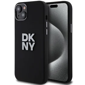 DKNY šķidrā silikona metāla logotipa viedtālruņa apvalks iPhone 15 Plus / 14 Plus - melns